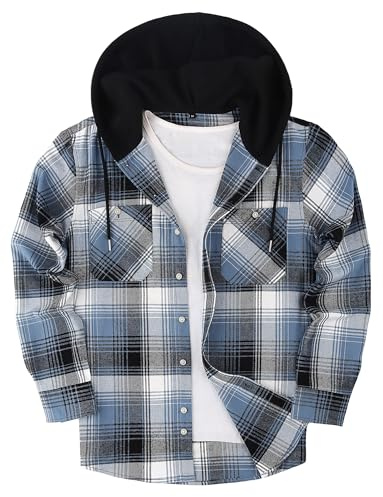 AIEOE Sweatshirt med huva för män långärmad rutiga skjortor skogsarbetare normal passform rutig skjorta med fickor, BLÅ, S