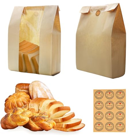 Brottüten Papier 100 Stück Papier-Brotbeutel für hausgemachtes Brot Kraftpapier mit Fenster Papiertüten mit Fenster für hausgemachtes Brot Sauerteig Kekse Geschenke Inkl. Dankesaufkleber (21x9x36cm)