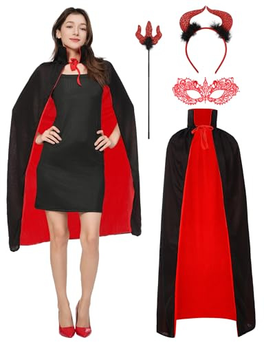 PartAwake Costume de diable pour Halloween pour femmes et hommes avec cape, cornes de diable, bandeau et fourche de diable pour Halloween, Carnaval, Cosplay, fête (140 cm)