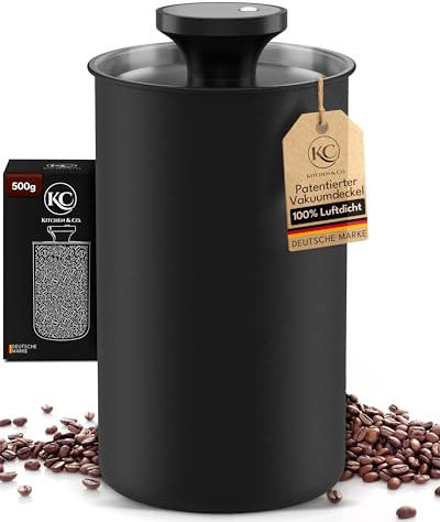 KC Kitchen & Co. Lata de café hermética para 500 gramos de granos de café, de acero inoxidable, con tapa al vacío y cierre de aroma, lata de almacenamiento para café, té, azúcar, cereales, color negro
