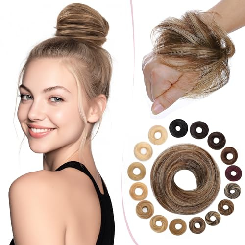 SEGO Updo Human Hair Buns Scrunchies Extensions Hairpieces Donut Chignons for Women Real Remy Human Hair Straight, #4P27 Medium Brown&Dark Blonde