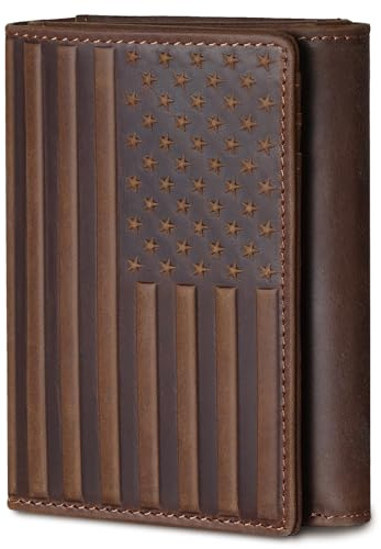 Pefiam Trifold Leather Wallet for Men RFID Blocking – Mens Trifold Wallet Leather with 12 Card Slots, Gift for Men, American Flag Wallet Dark Brown