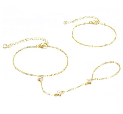 XFSRG Bracelet Chaîne Main en Or pour Femme avec Anneau Plaquée Or 14K Bracelets Empilables Scintillant Zircon avec Bague Doigt Bijou Hypoallergénique Ajustable (Or 2)