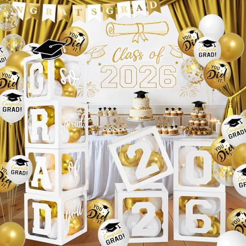 2026 Graduation Decorations - White Balloon Boxes with Letters 2026 Grad & So Proud of You and White Gold Print Balloons, Graduation Party Decorations Class of 2026 for Any Grades(White)