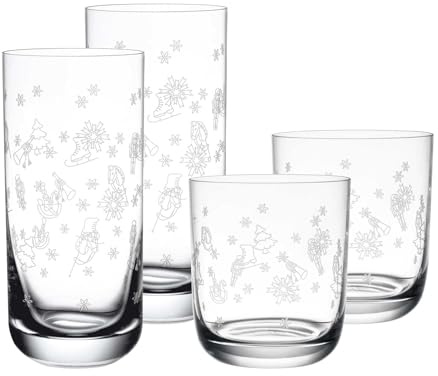 Villeroy & Boch Toy's Delight Lot de 4 verres à boire 2 verres à long drink (300 ml) et 250 ml avec motif pantographie de Noël Verre en cristal transparent