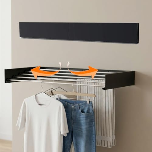 Legines Wall Mounted Clothes Drying Rack 32, Foldable Wall Mount Laundry Rack Folding Indoor, Drying Rack Clothing Collapsible, Hidden Space Saver with Wall Template, 5 Rods, Black （HOU ）