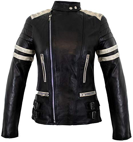 MDM Damen Retro Motorrad Lederjacke Schwarz/Weiß