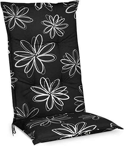 Beautissu Hochlehner Auflage für Gartenstuhl UV-Lichtecht Blumen | 120x50cm 6cm dicke schwarz mit Polster Sitzpolster Gartenstuhlauflage Hochlehnerauflage Flores