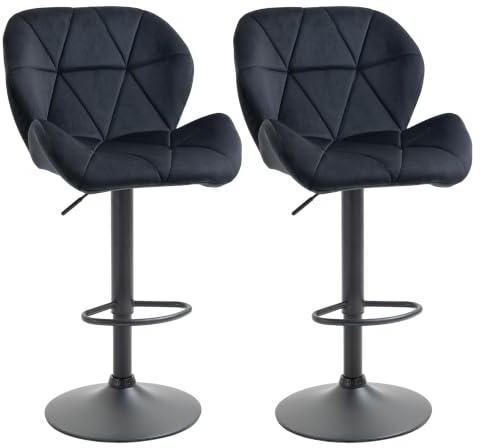 HOMCOM Barhocker Drehbar Lehne 2er-Set 51,5x57,5x93-114,5 cm Schwarz | Barstühle, Höhenverstellbar, Bistrohocker, Tresenhocker, Samt Touch, Armlos, Schaumstoff