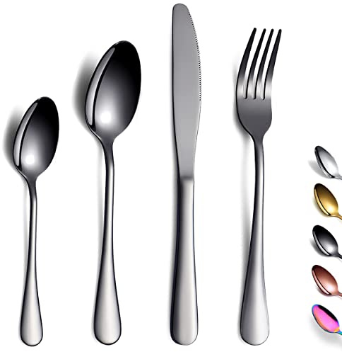 Kyraton 24-Piece Black Titanium-Plated Stainless Steel Cutlery Set - Dishwasher Safe Flatware