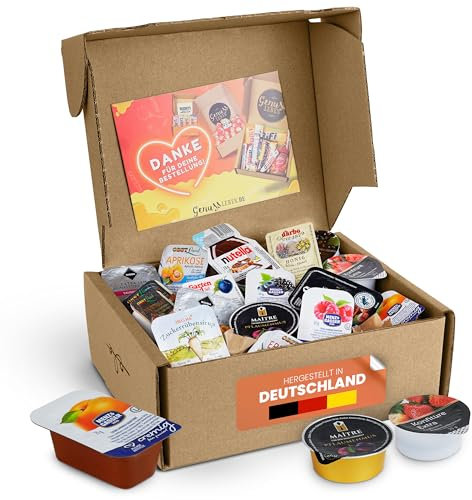 Genussleben Frühstücksbox mit ca. 900g Konfitüre, Marmelade, Honig, Haselnusscreme in vielen Geschmacksrichtungen, ca. 35 kleine Portionen im Mix für Büro, Familie oder Camping.