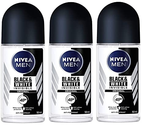 Nivea Men Bundle of 3 Nivea for Men, Black & White, Invisible, Original, 48 Hours Antiperspirant Deodorant Roll on 50ml (Pack of 3)