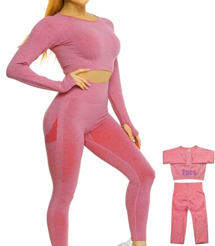 DONYKARRY Ensemble De Vêtements De Sport sans Couture pour Femme, Pantalon à Manches Longues, Pantalon De Yoga, Entraînement Sportif, Haut Court avec Trou pour Le Pouce (2 Pcs-Rouge,M)