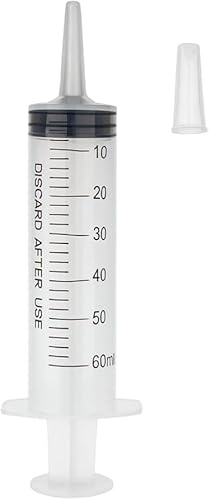 Siringa Monouso con Cono Catetere Senza Ago – Graduata, Latex Free, in Polipropilene Trasparente, Confezione da 25 Pezzi (60 ml)