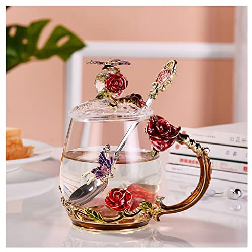 Tazzine Caffè Turco Tazza da tè Tazze da caffè in vetro con cucchiaio Tazza da caffè a forma di farfalla con fiori di rosa Bella Regali di compleanno per le donne Tazzine Moka Tazzine Caffè ( Color :