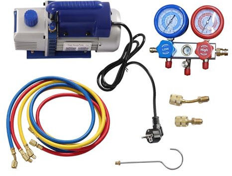 SOPERIT Pompa per Vuoto 3CFM 1/4 HP Pompa per Vuoto Depressione Aria Condizionata Compressore 1 Stadio Aiuto al Montaggio con Tubi e Manometri Pompa di Depressione