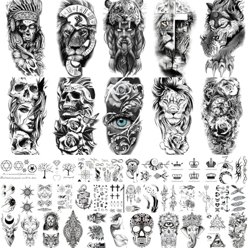BUXIUGAN Temporary Tattoos, 50 Sheets fake tattoos for Men Women Adults, 10 Large 3D Realistic Half Sleeve Temporary Tattoos, 40 Tiny Prisoner Tattoos With Skull Skeleton Animals Faux Tattoos Stickers