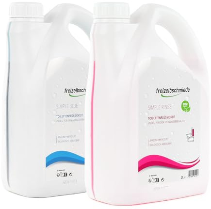Freizeitschmiede Set Simple Blue + Simple Rinse Toiletten Zusatz je 2L Spülwasserzusatz, Sanitärflüssigkeit für Campingtoilette