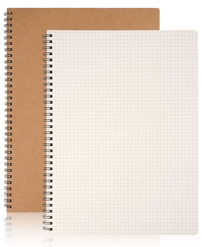 Squared Paper Notebook A4, 2 Pack 120 Pages/ 60 Sheets Grid Spiral Notebooks, 100gsm Paper Kraft Cover, Graph Paper Wirebound for Kids & Adults Journal,Composition, Diary, School & Office Supplies