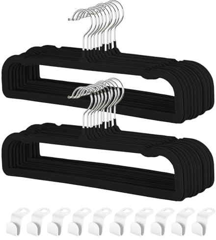 Pants Hangers Non Slip - 20 Pack Velvet Hangers for Closet - Thin Space Saving Clothes Hanger - Strong, Durable, Perchas Terciopelo with 360° Rotatable Hook for Jean, Tank Top, Bra, Shorts (Black)
