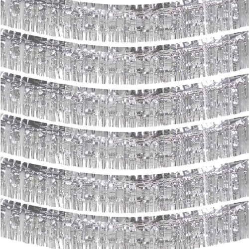 We Moment Zone 6-Pakete Silber Fransen Girlande Metallic, Metallic-Folien-Fransengirlande Hängedekoration aus Kunststoff, Mottoparty, Geburstag, Hochzeit, Karneval, Party Deko 30 cm x 18 m