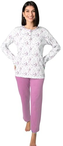 Leo Corsetteria Pyjama femme long séraphin profond avec boutons 100 % coton chaud, Blanc cyclamen, M