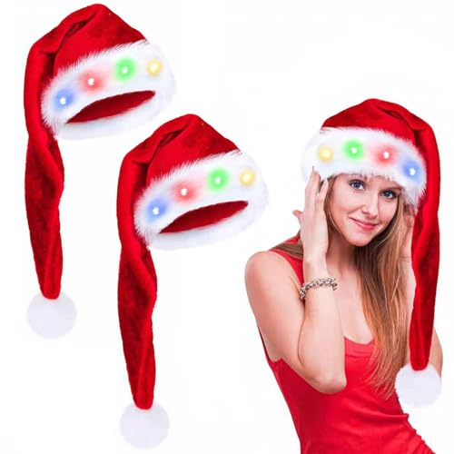 Songyea LED Weihnachtsmütze - Rote Nikolausmütze für Erwachsene Mit Leuchtendem Plüsch