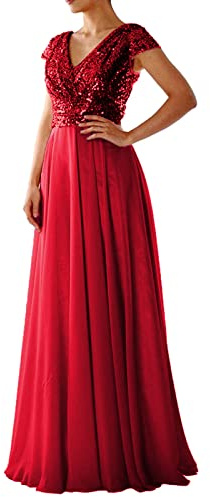Generic Women's Formal Red V-Neck Cap Sleeve Formal Sparkly V-Neck Cap Sleeve Dress - Size M, Floor Length, Adult, Summer, Cocktail, Wedding, Party