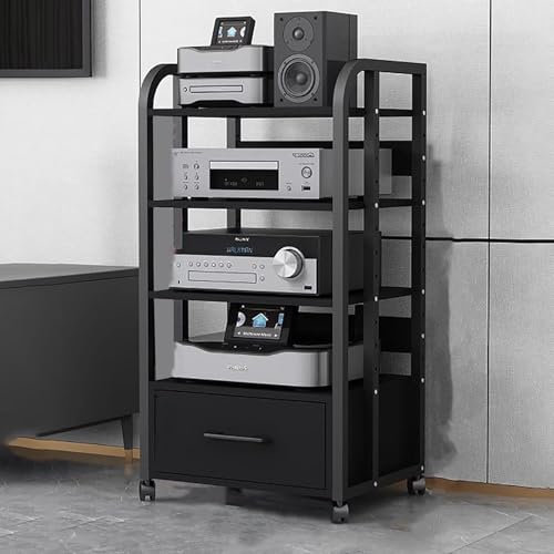 Hifi Stand Record Player Audio Cabinet with Drawers & Sliding Wheel, Audio Rack Shelf Organizer for Onkyo Receiver, Equipment Console, Av Component Stand(A,Large)