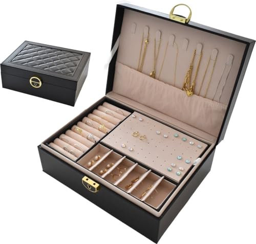 Schmuckkästchen leder abschließbar Damen Rosa Mädchen Schmuckaufbewahrung Reise Weiß rechteckig klein Schmuckbox Schwarz Schmuckkasten mit Schloss Grün (Schwarz)