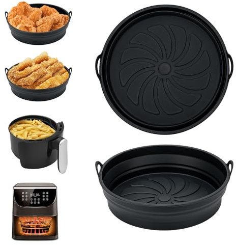 Alyvisun Moule Silicone Air Fryer, 2 Pièces Moule Accessoire pour Airfryer Réutilisable Panier Friteuse à Air Chaud Plat Pot Ronde Pliable Doublure Liner pour Friteuse Air, Micro-ondes, Four (Noir)