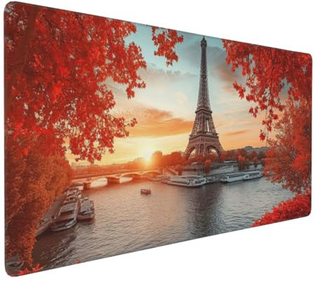 Gaming Mauspad XXL Eiffelturm Mousepad 1000x500x4mm Herbst Verlängertes Mauspad Schreibtischauflage,Genähte Kanten Mauspad,Verbessert Präzision Geschwindigkeit Wasserdicht Geeignet für Büro und Spiele