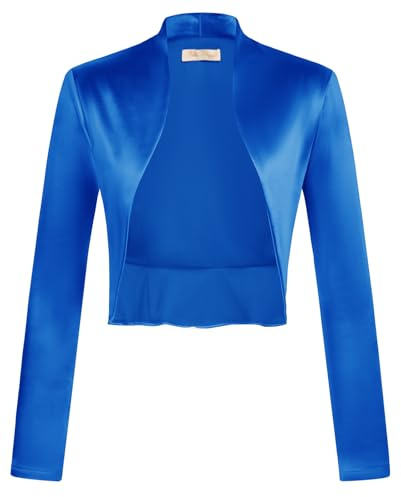 Belle Poque Bolero da donna vintage in raso, a maniche lunghe, aperto sul davanti, orlo increspato, coprispalle per feste serali, blu reale