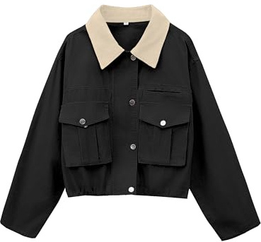 Megfie Womens Cropped Jacket Contrast Collar Utility Coat Cargo Jacket Barn Jacket Outwear with Pockets(0836-Black-L)