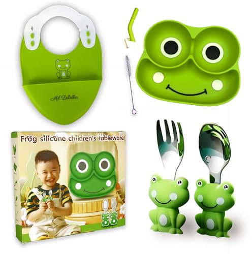 Vajilla Silicona Bebé BLW Set 6 piezas con Plato Ventosa de Compartimentos Cubiertos Ergonómicos Vaso Entrenamiento y Babero Ranita Antideslizante Apto Microondas Lavavajillas sin BPA Regalo Original