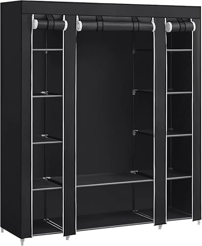 MY HOMIE 52 inches Wide Large Canvas Wardrobe, Foldable Closet Organizer with 12 Shelves and Hanging Rod, Fabric Clothing Storage for Bedroom, Clothes Organizer with Water Resistant Cover- Black