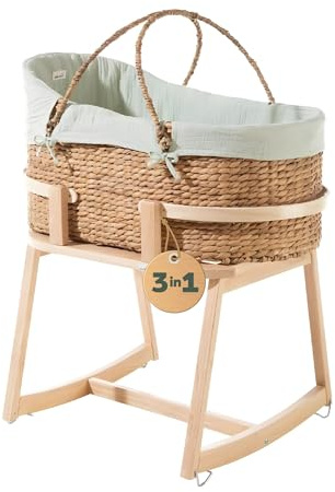 Geuther Moses-Set Babykorb & Untergestell mit Schaukelfunktion | Babywiege für Neugeborene | Babynest | Beistellbett Baby | Baby Bett Komplett Set | Stubenwagen Baby, tragbarer Moseskorb, Mint