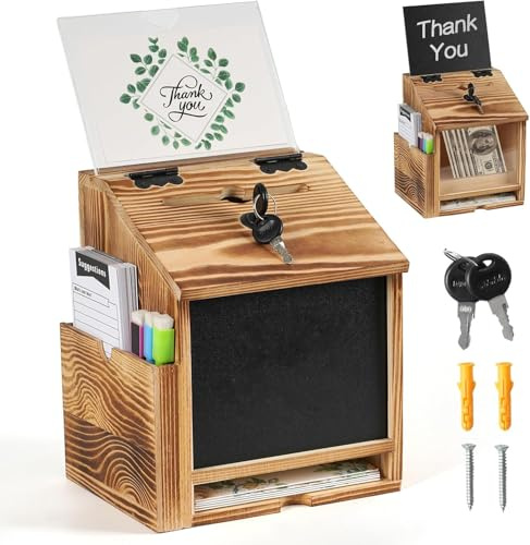 Vorschlagsbox Holz, Spendenbox Wahlurne mit Schloss Kummerkasten | stehend & Wandmontage mit Kreidetafel auch als Transparente Spendendose für Büro,Kundenzentrum,Schule,Krankenhaus