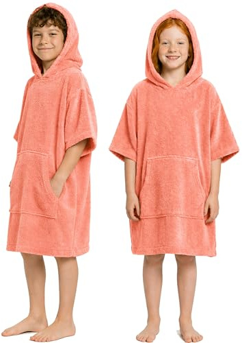 CalmyBEACH Poncho da bagno in spugna per bambini e bambine - Poncho da surf 100% cotone con cappuccio, pesca, 10-13 anni