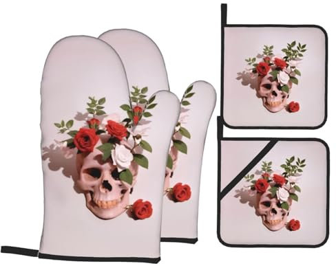 Ofenhandschuhe und Topflappen, Flamingos auf Weiß, 4er-Set, wasserdicht, hitzebeständig bis 260 °C, Mikrowellen-Handschuhe, Backhandschuhe, Grillhandschuhe, Kochhandschuhe