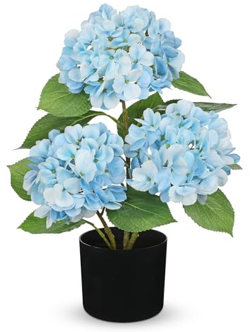 Hollyone Konstgjord hortensia i kruka, ljusblå hortensior konstgjorda blommor dekoration blomma med kruka silkesblomma för hem badrum kontor bordsdekoration