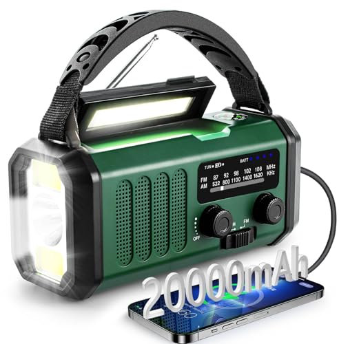 Radio Météo d'urgence Batterie Portable 20000mAh avec Alarme SOS,Manivelle Radio solaires AM/FM,Lampe de Lecture,Lampe de Poche,Boussole pour l'extérieur,Chargeur pour Smartphones (Vert)