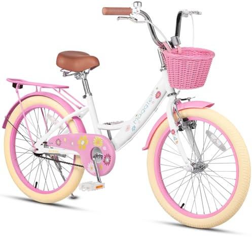Glerc Maggie 20 tums flickcykel för 7-8 9 10 11 12 13 år gamla flickor, barncykel med bagagehållare och frontkorg och sidostativ, vit