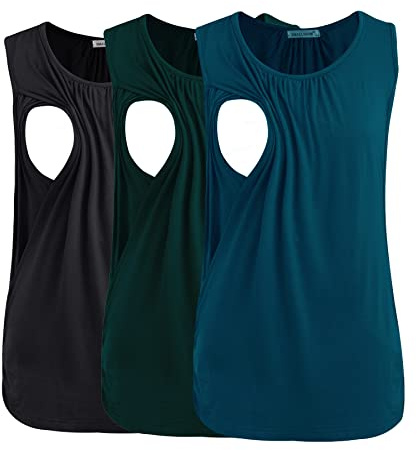 Smallshow Set da 3 Maglia Top da Allattamento Donna,Black-Deep Green-Teal,M