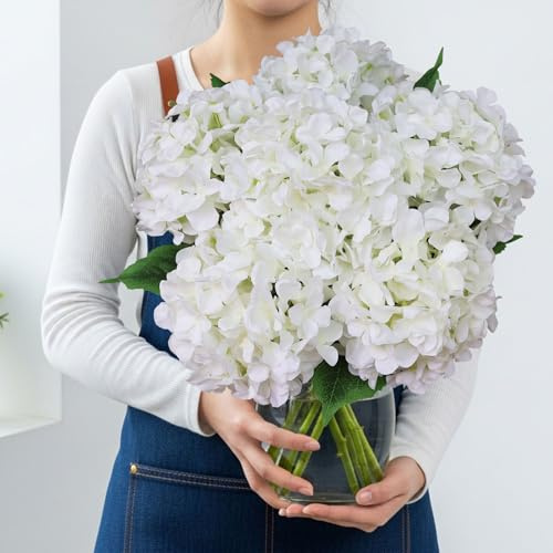 VYZXZAF Silk White Hydrangea Artificial Flowers with Stem, 6Pcs 20 Large Full Faux Flower Lifelike Artificial Hydrangeas for Home Table Office Bouquet Plant Arrangement Bush Outdoors Indoor Decor