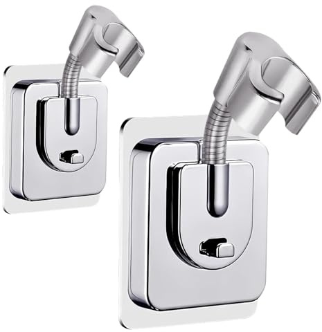 2 Pièces Support Douchette, pas Besoin de Percer de Trous, Rotation Réglable à 120°, Support de Buse, Interface Quatre Points, Compatible avec la Plupart des Pommeaux de Douche et Pistolets (argent)