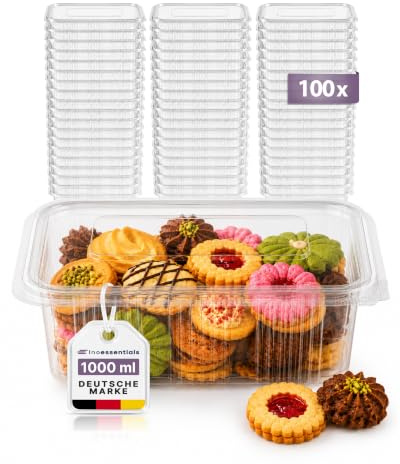 Inoverse 100x Rechteckbecher mit anhängendem Deckel – 1000 ml – Klare Eckig Salatbecher aus PET, Plastikbehälter, Feinkostbecher, Verpackungsbecher für Lebensmittel