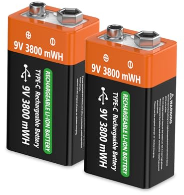 9V wiederaufladbare Lithium-Batterien,YISHDA 3800mWh 6F22-Batterien mit hoher Kapazität für Rauchmelder, Metalldetektoren, Mikrofone und mehr（2 Pack ）