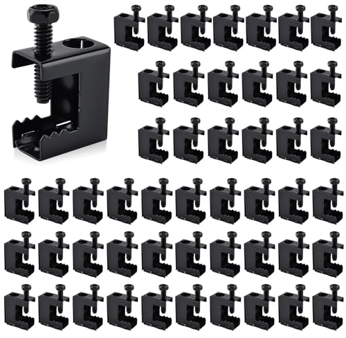 Patioer 50pcs Spring Steel Beam Clamps 1/4-20 Metal Beam Hangers Bolt on Clamp for 1/4 and 3/8 Threaded Rod, S-hooks and Bridle Rings, Black