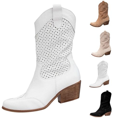 Cowboystövlar dam medium hög, västerländska stövlar dam läder vida stövlar andas riddarstövlar blockklack slip-stövlar komfort skaftstövlar enfärgade knähöga stövlar flock stövlar, BRUN, 35 EU